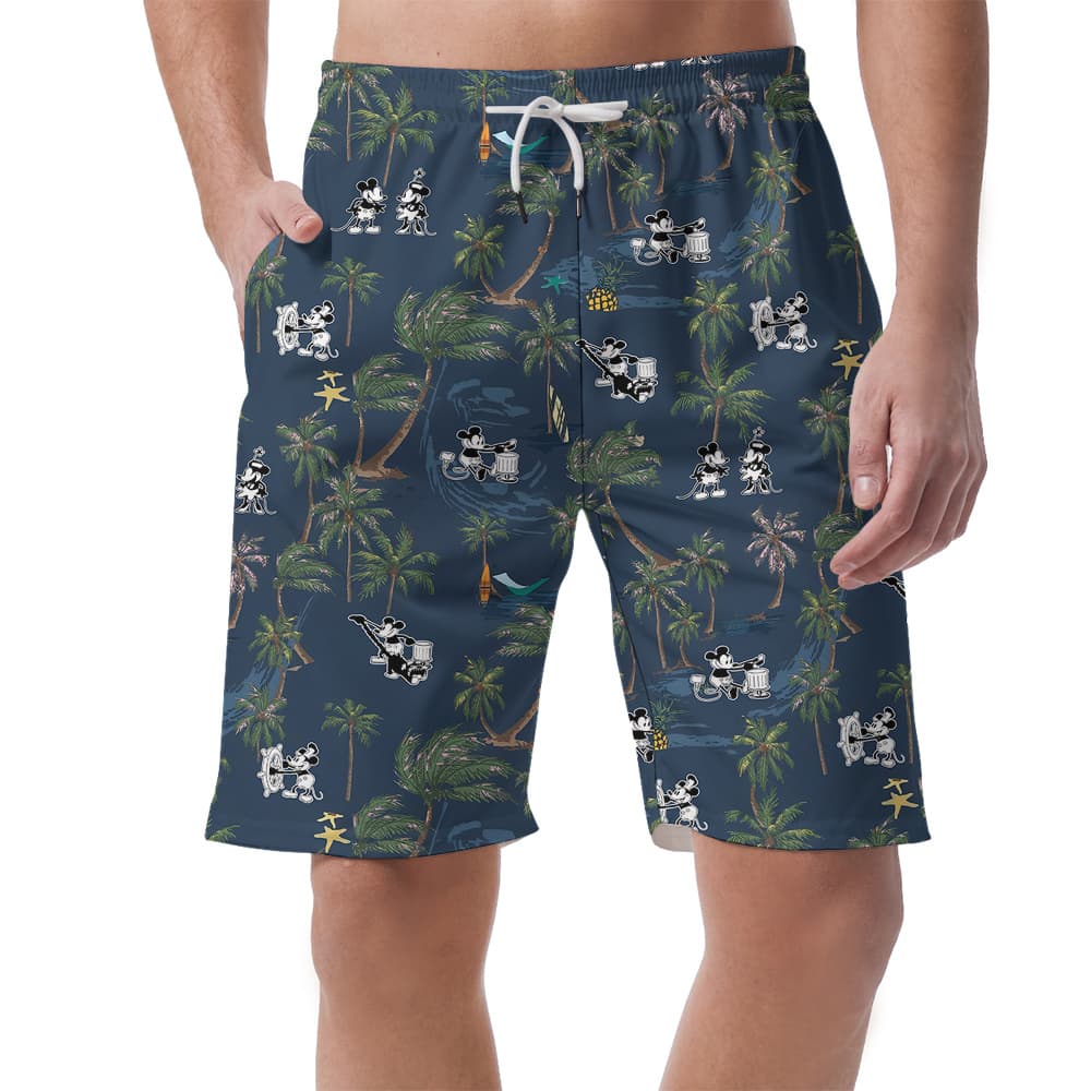 Steamboat Willie Mickey Tropical Palm Trees Navy Hawaiian Beach Shorts