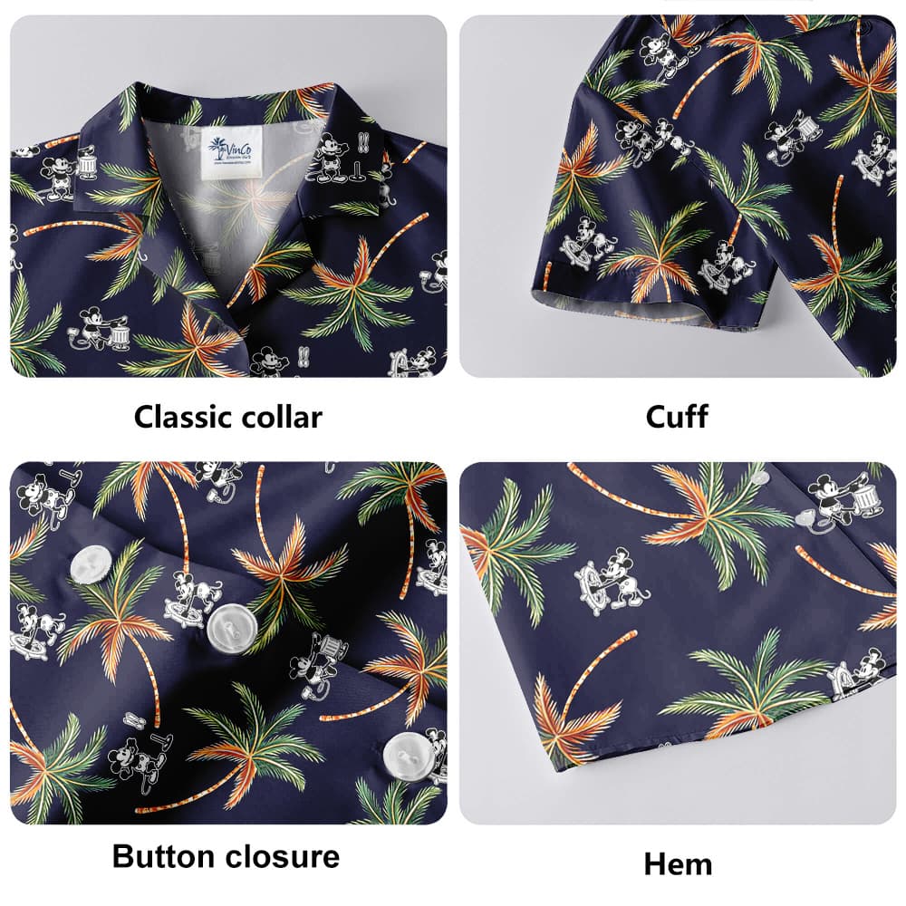 Steamboat Willie Mickey Tropical Palm Trees Navy Hawaiian Shirt