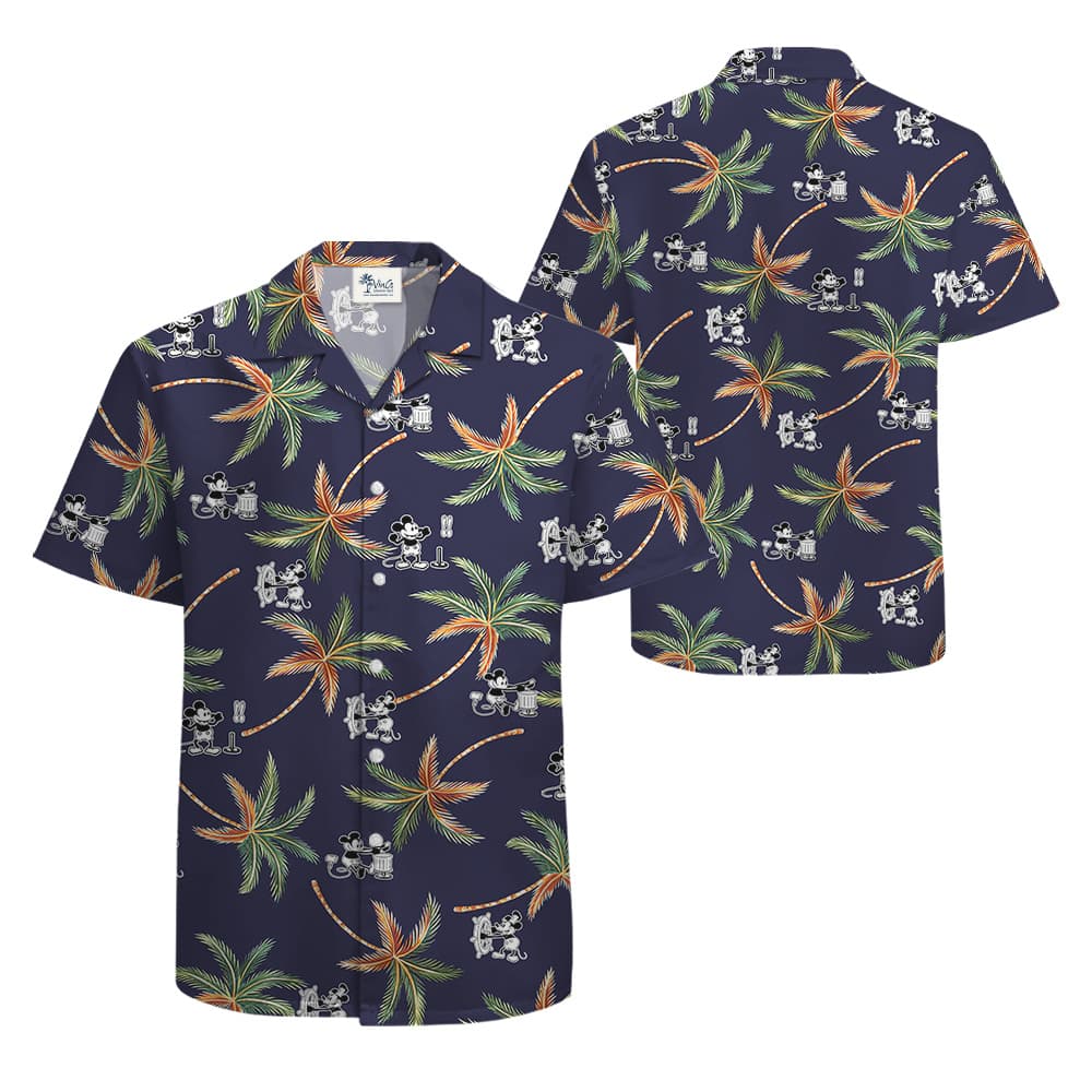 Steamboat Willie Mickey Tropical Palm Trees Navy Hawaiian Shirt