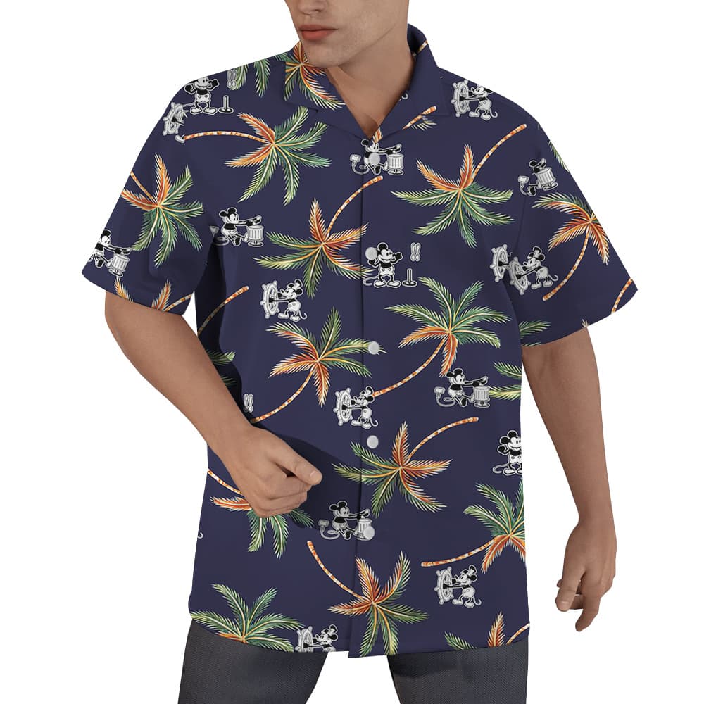 Steamboat Willie Mickey Tropical Palm Trees Navy Hawaiian Shirt (5)