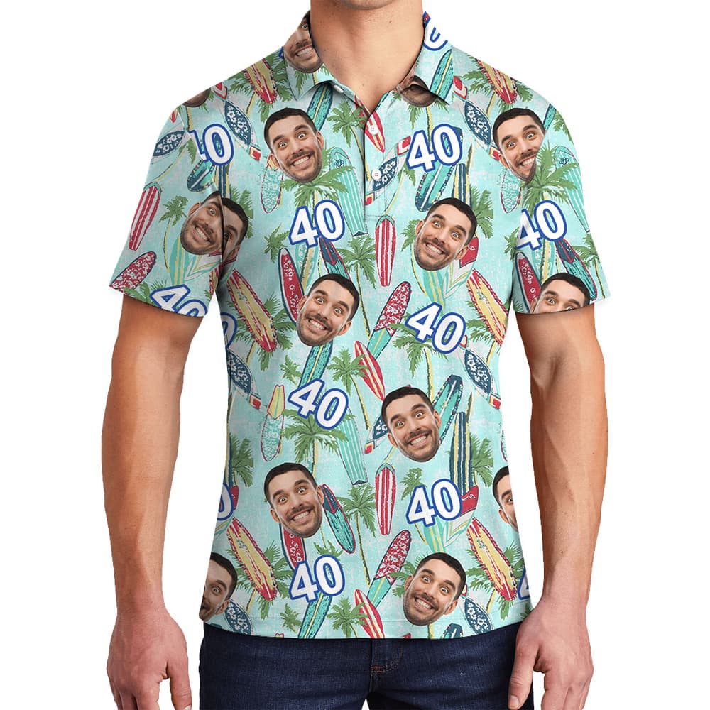 Surfboard Birthday Hawaiian Polo Shirt for Men with Custom Face and Age1