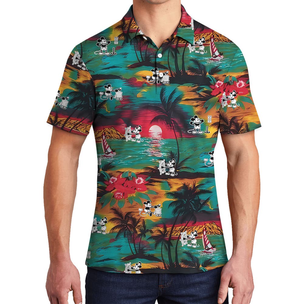 Tropical Beach Steamboat Willie Mickey Mouse Colorful Hawaiian Polo Shirt