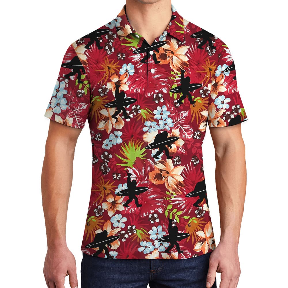 Tropical Bigfoot Surfing Red Hawaiian Polo Shirt For Men