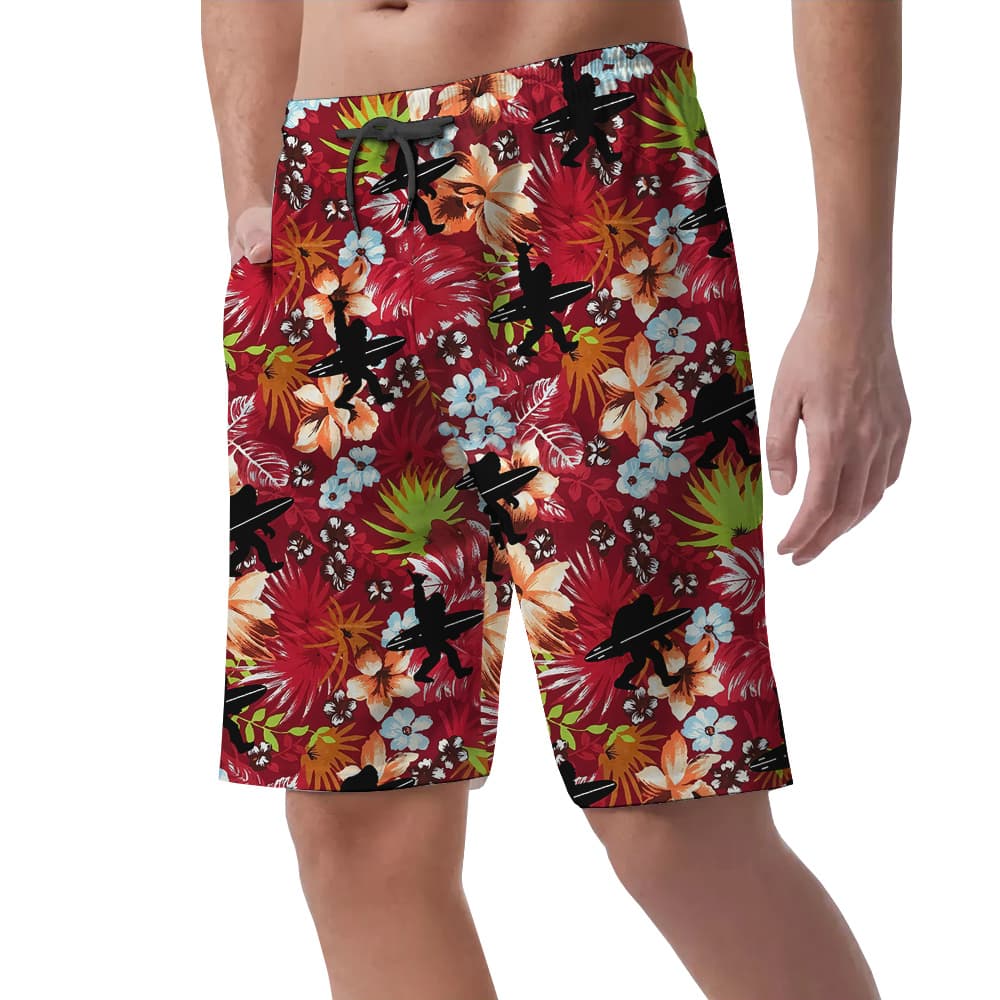 Tropical Bigfoot With Surfing Board Red Hawaiian Beach Shorts For Men