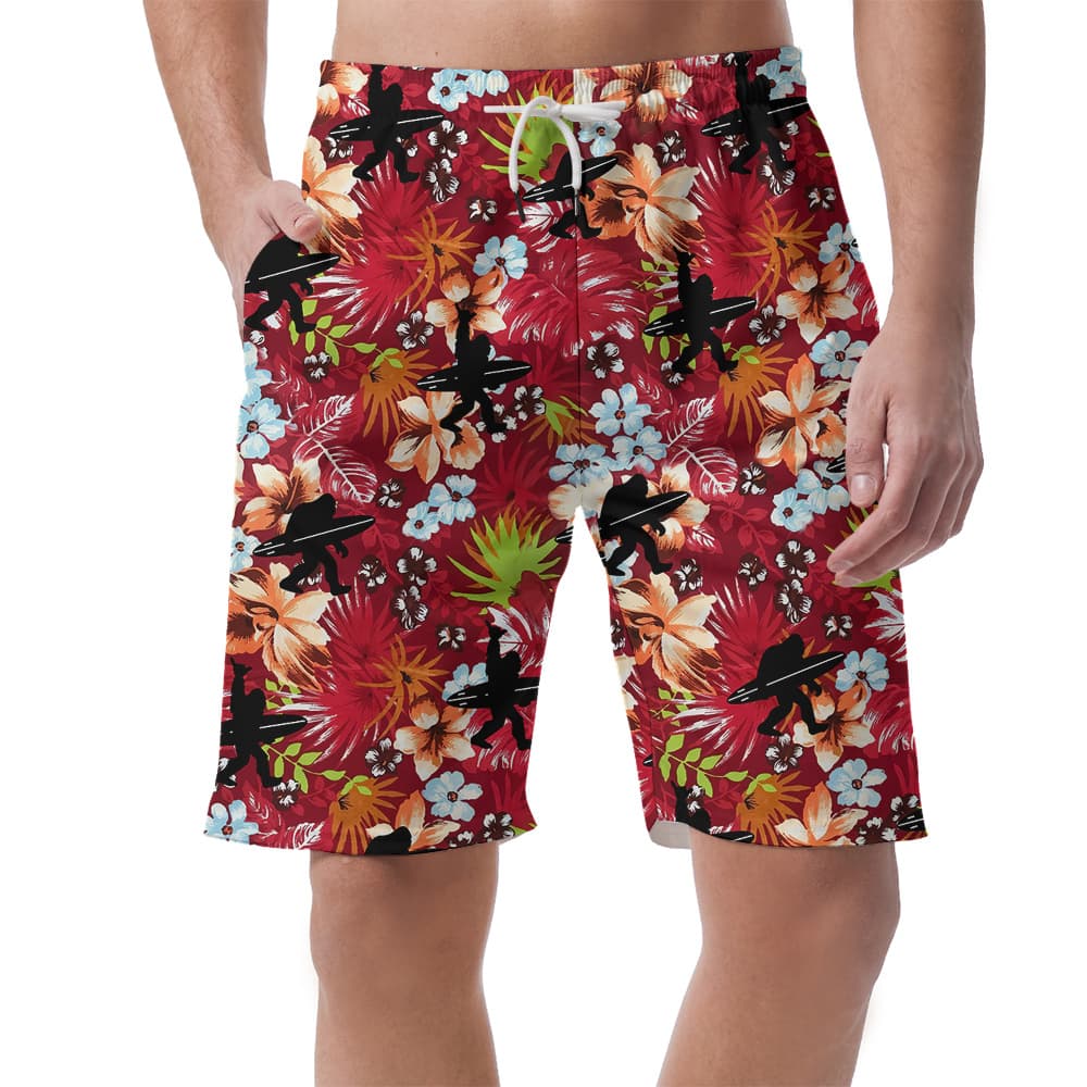 Tropical Bigfoot With Surfing Board Red Hawaiian Beach Shorts For Men