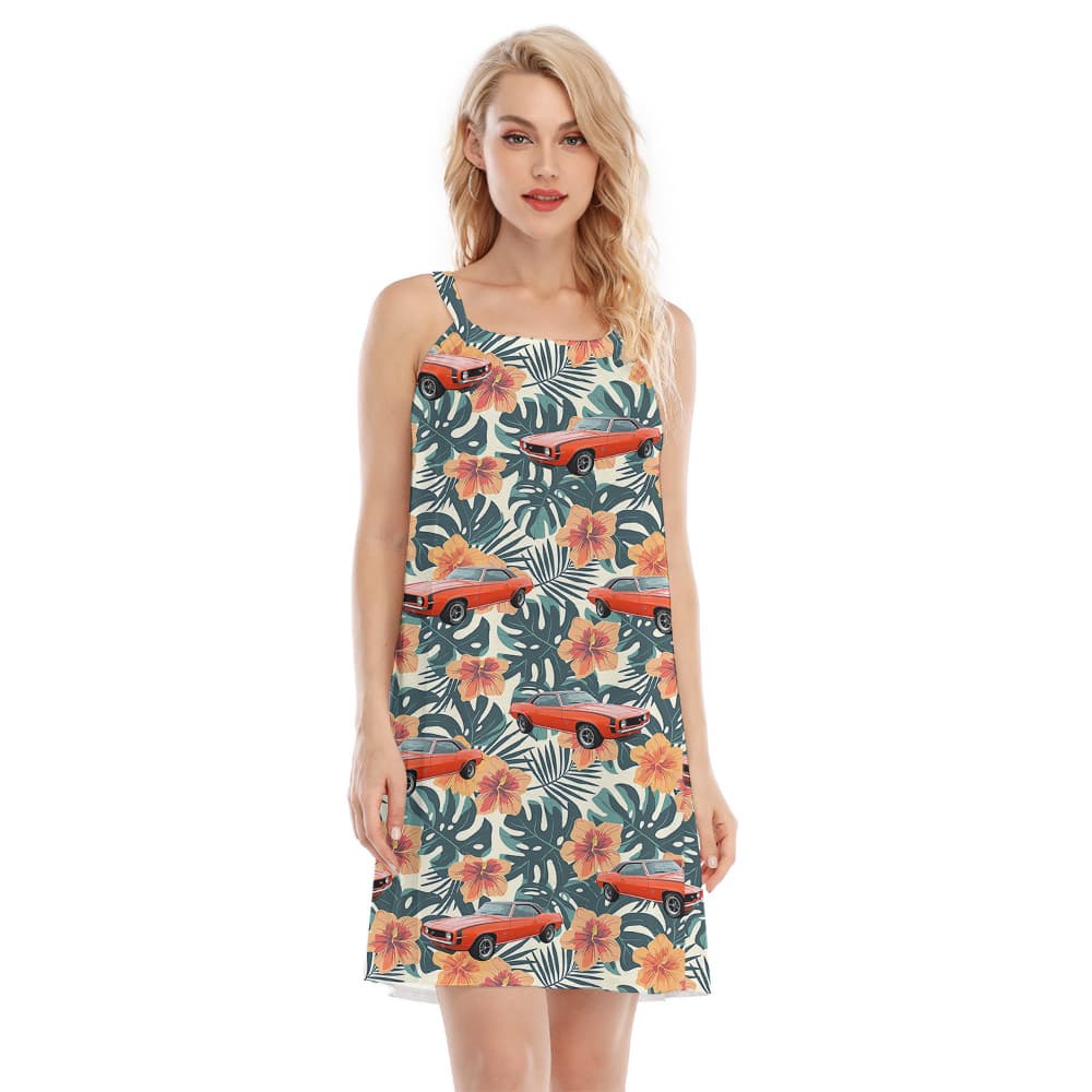 Tropical Green Hibiscus Custom Hawaiian Cami Dress with Car1