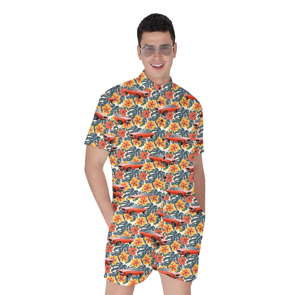 Tropical Hibiscus Custom Hawaiian Men Romper with Car1