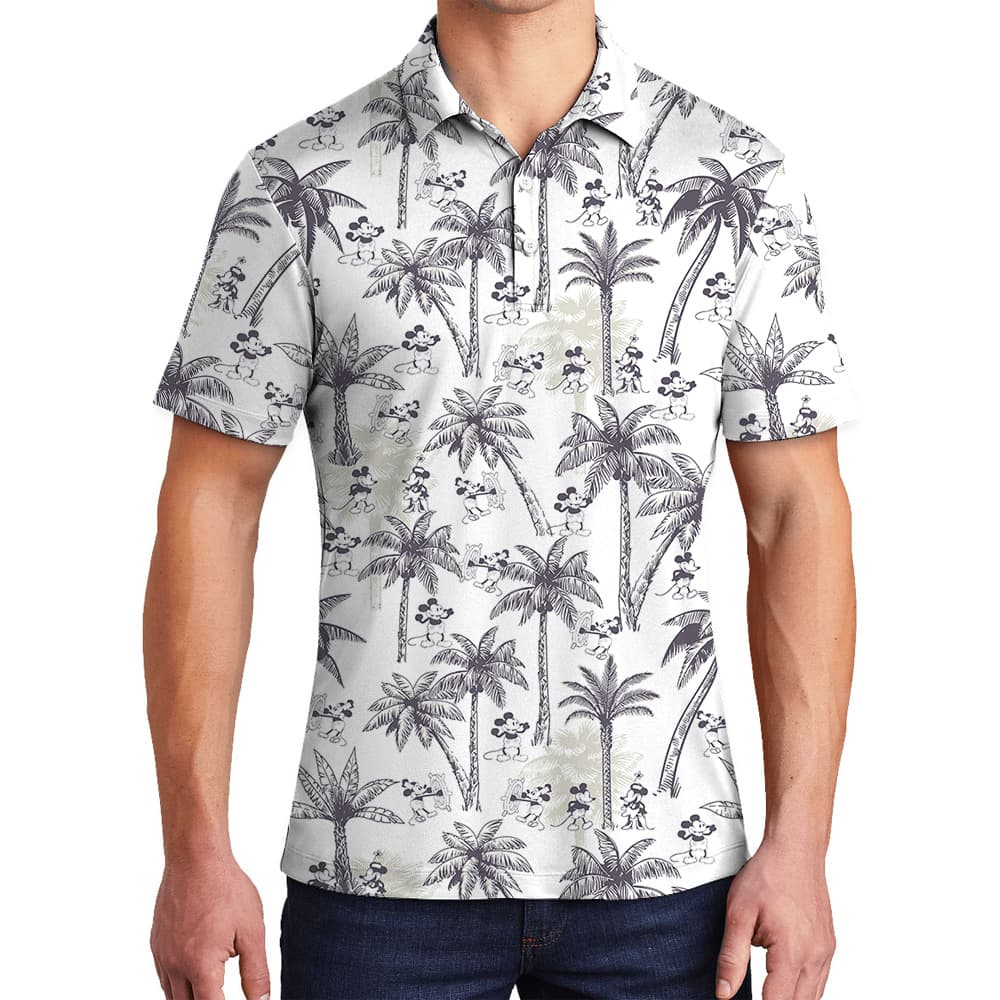 Tropical Palm Tree Mickey Steamboat Willie 1928 Vintage Hawaiian Polo Shirt