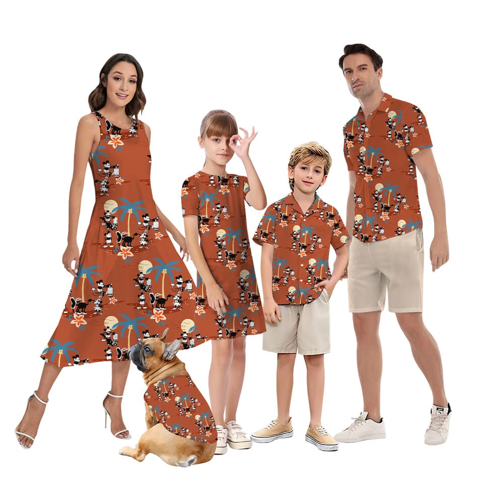 Tropical Palm Tree Steamboat Willie Mickey Family Matching Hawaiian Outfits