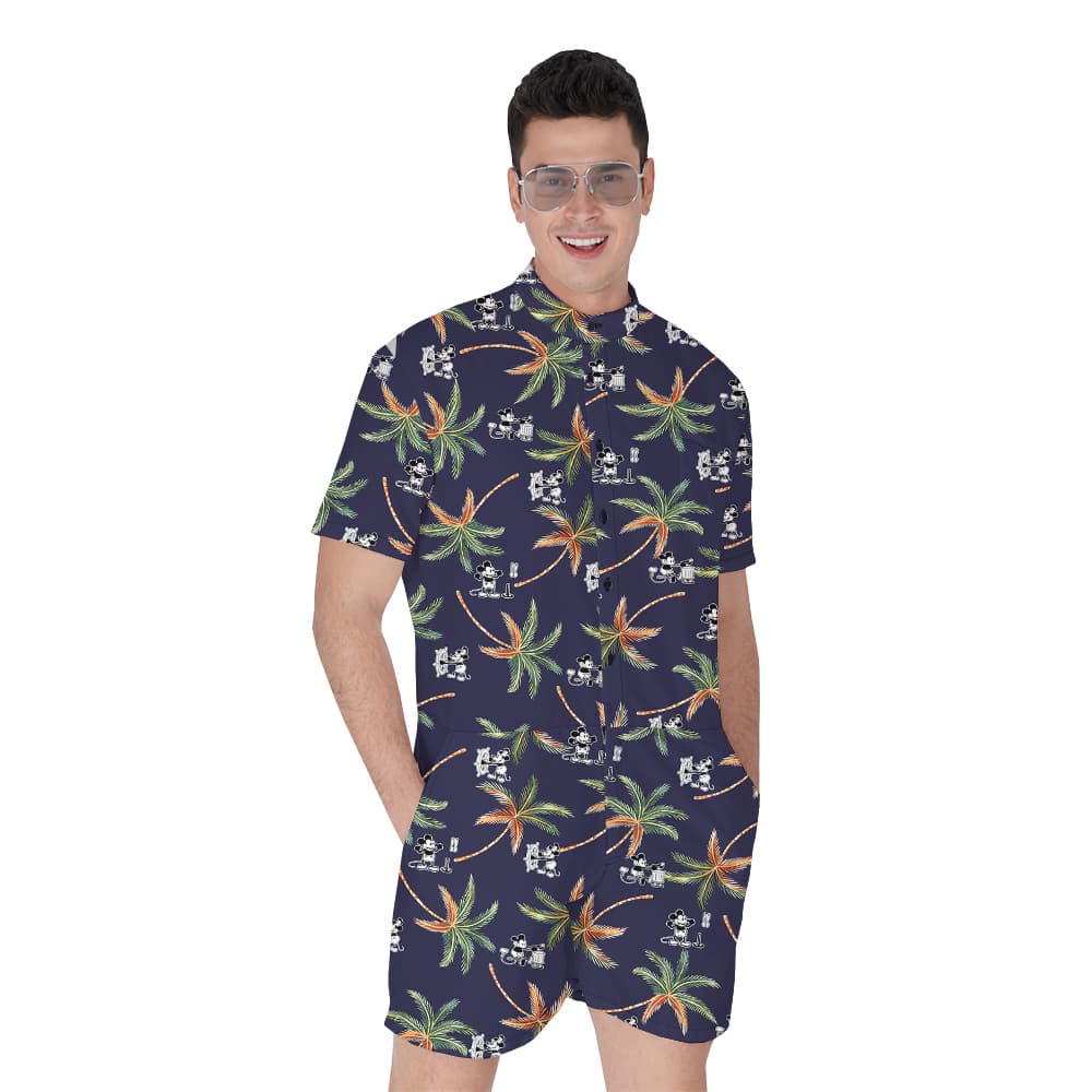 Tropical Palm Tree Steamboat Willie Mickey Navy Hawaiian Romper For Men