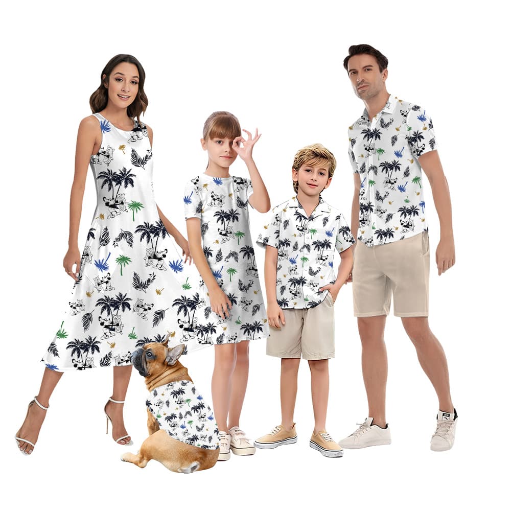 Tropical Palm Tree Steamboat Willie Mickey White Matching Hawaiian Outfits For Family