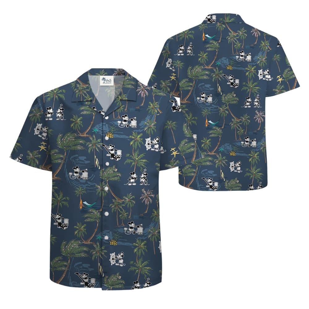 Tropical Palm Trees Steamboat Willie Mickey Navy Hawaiian Button Up Shirt