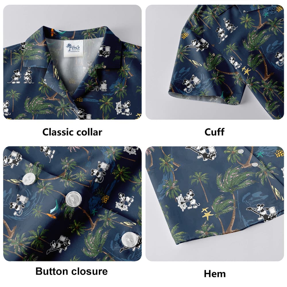 Tropical Palm Trees Steamboat Willie Mickey Navy Hawaiian Button Up Shirt