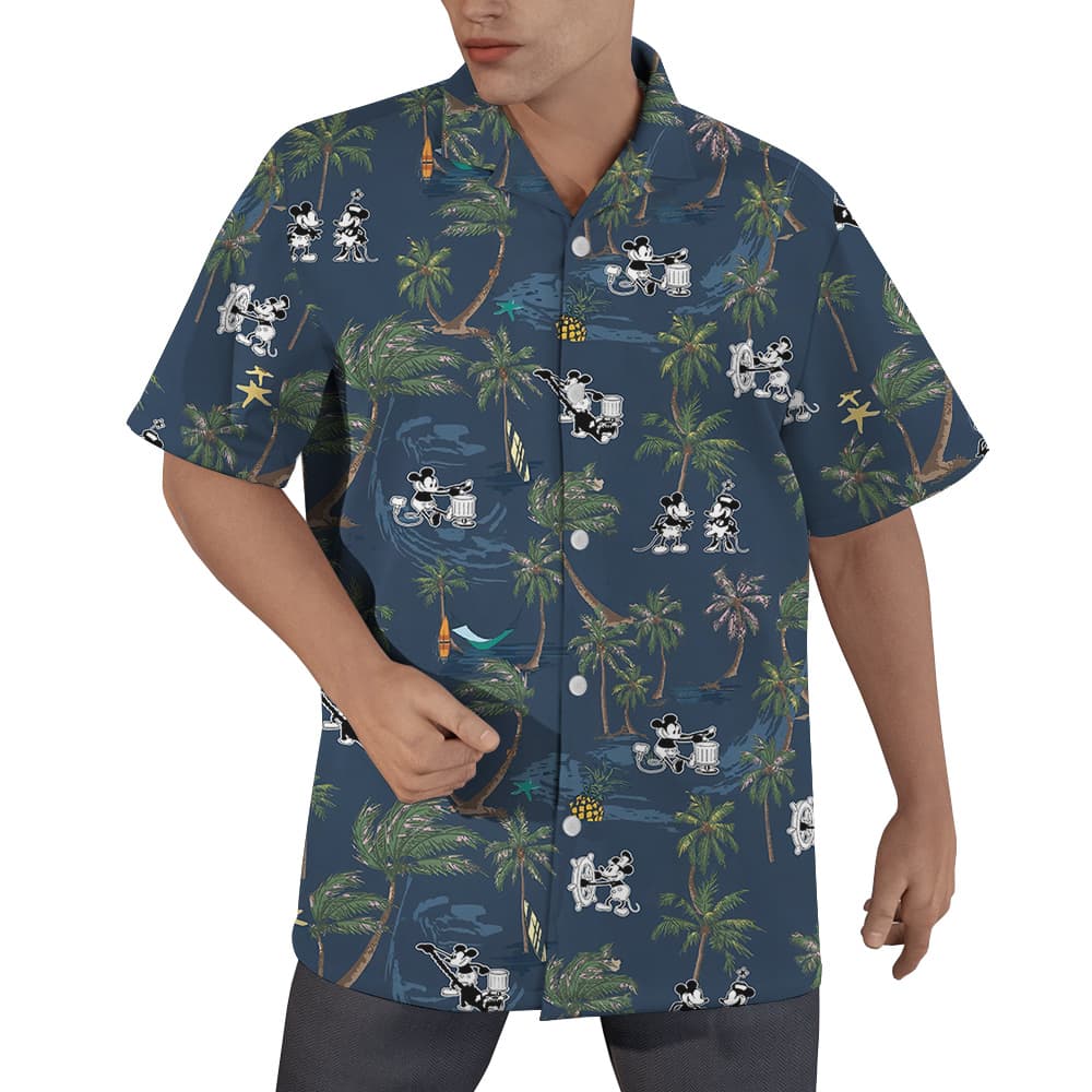 Tropical Palm Trees Steamboat Willie Mickey Navy Hawaiian Button Up Shirt (5)