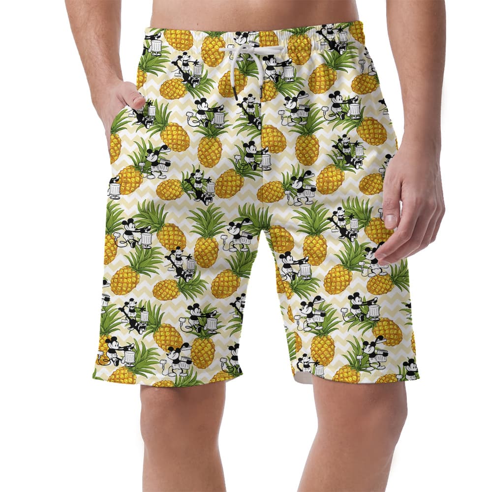Tropical Pineapple Mickey Steamboat Willie 1928 Hawaiian Beach Shorts For Men