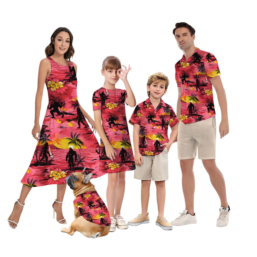Tropical Sunset Beach Bigfoot Family Matching Red Hawaiian Outfits