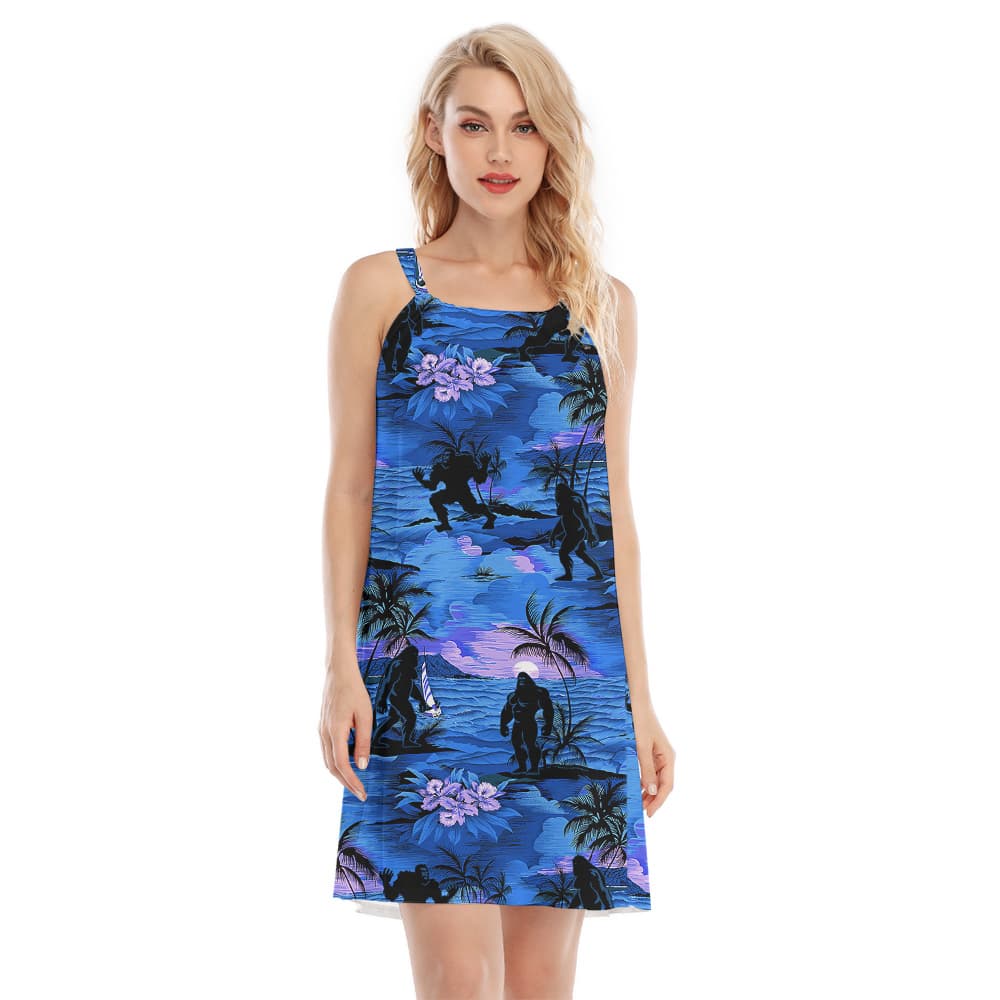Tropical Sunset Beach Navy Palm Tree Sasquatch Aloha Dress For Women