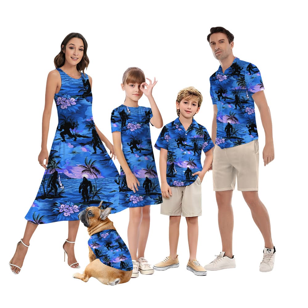 Tropical Sunset Beach Palm Trees Sasquatch Navy Matching Hawaiian Outfits For Family