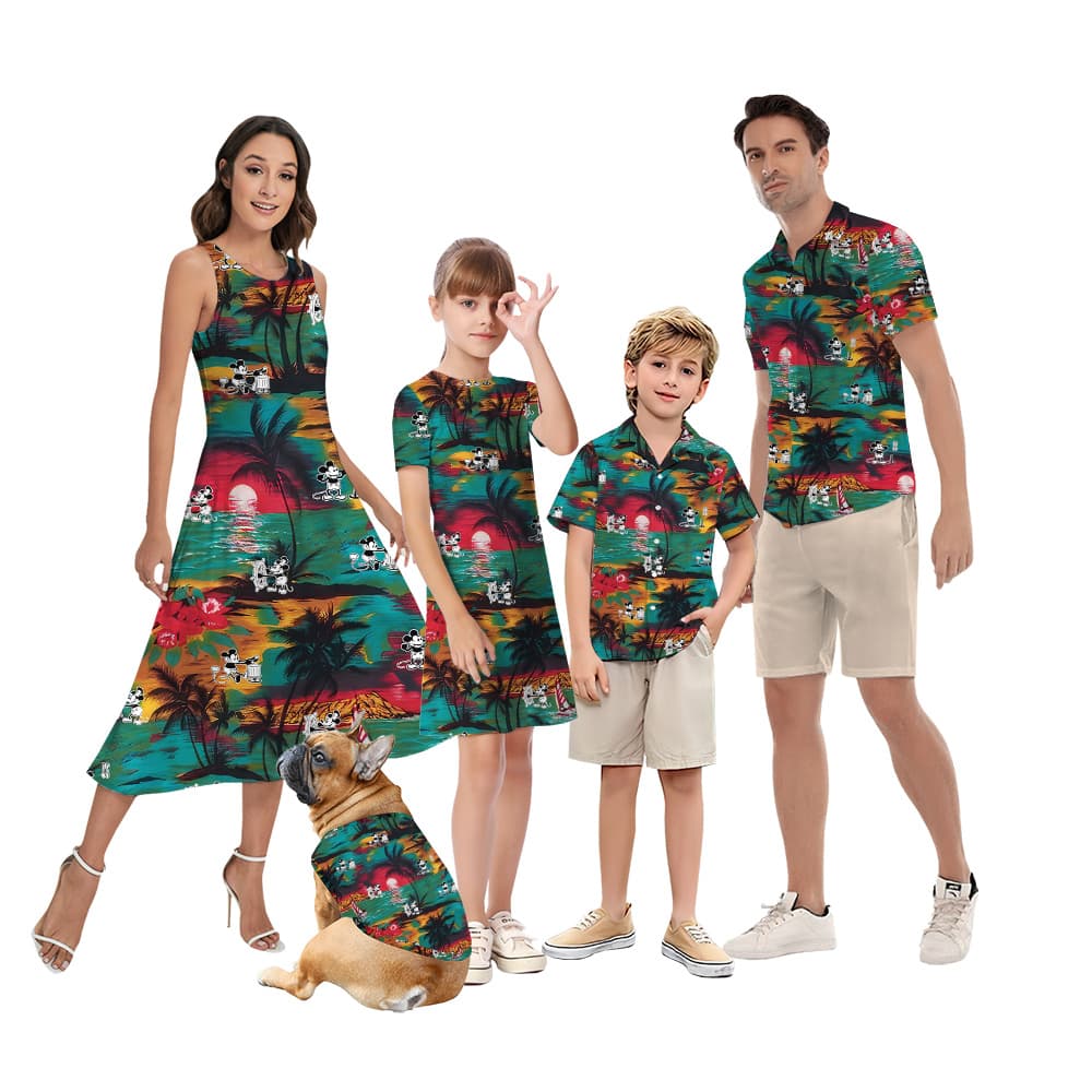 Tropical Sunset Beach Steamboat Willie Mickey Family Matching Hawaiian Outfits