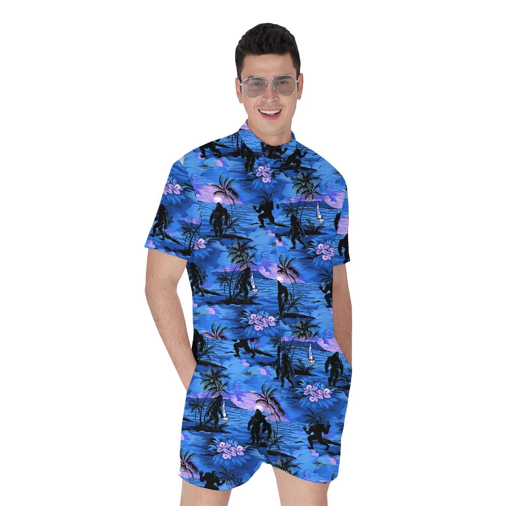 Tropical Sunset Beach Theme Bigfoot Navy Hawaiian Romper For Men