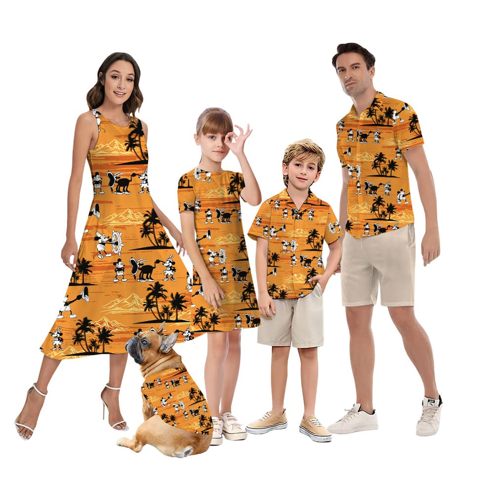 Tropical Sunset Steamboat Willie Mickey Yellow Matching Hawaiian Outfits For Family