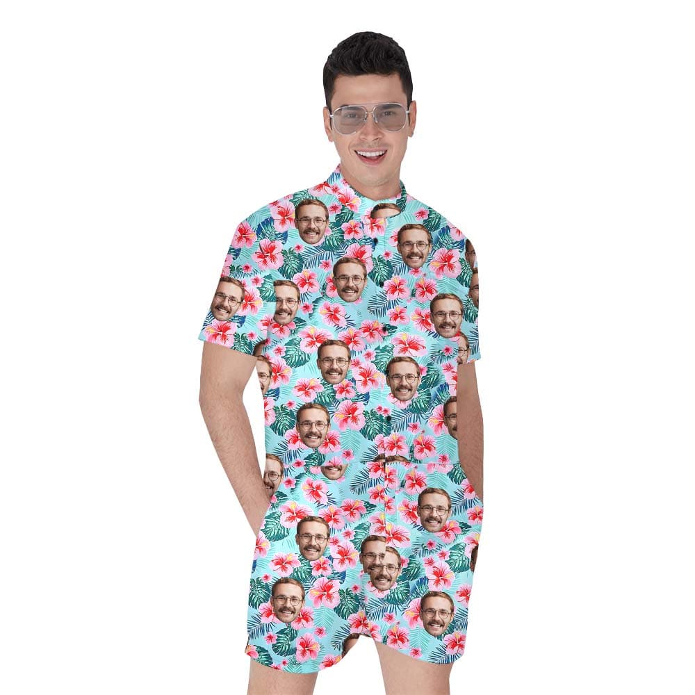 Unique Blue Hibiscus Blue Custom Romper With Faces1