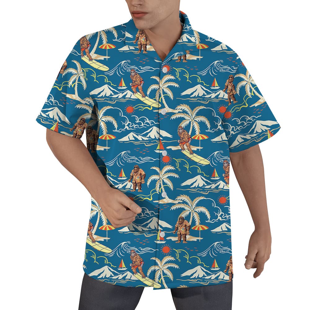 Vintage Bigfoot Surfing Tropical Islands Blue Hawaiian Shirt (1)