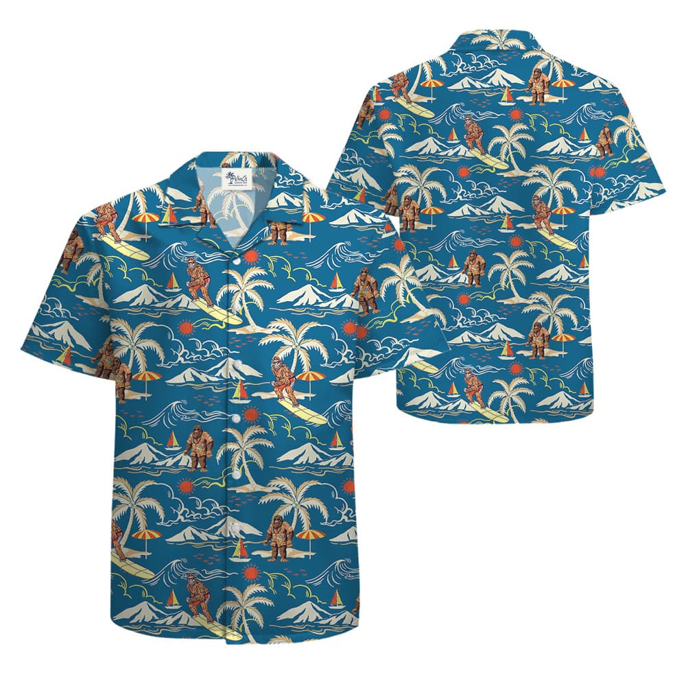 Vintage Bigfoot Surfing Tropical Islands Blue Hawaiian Shirt