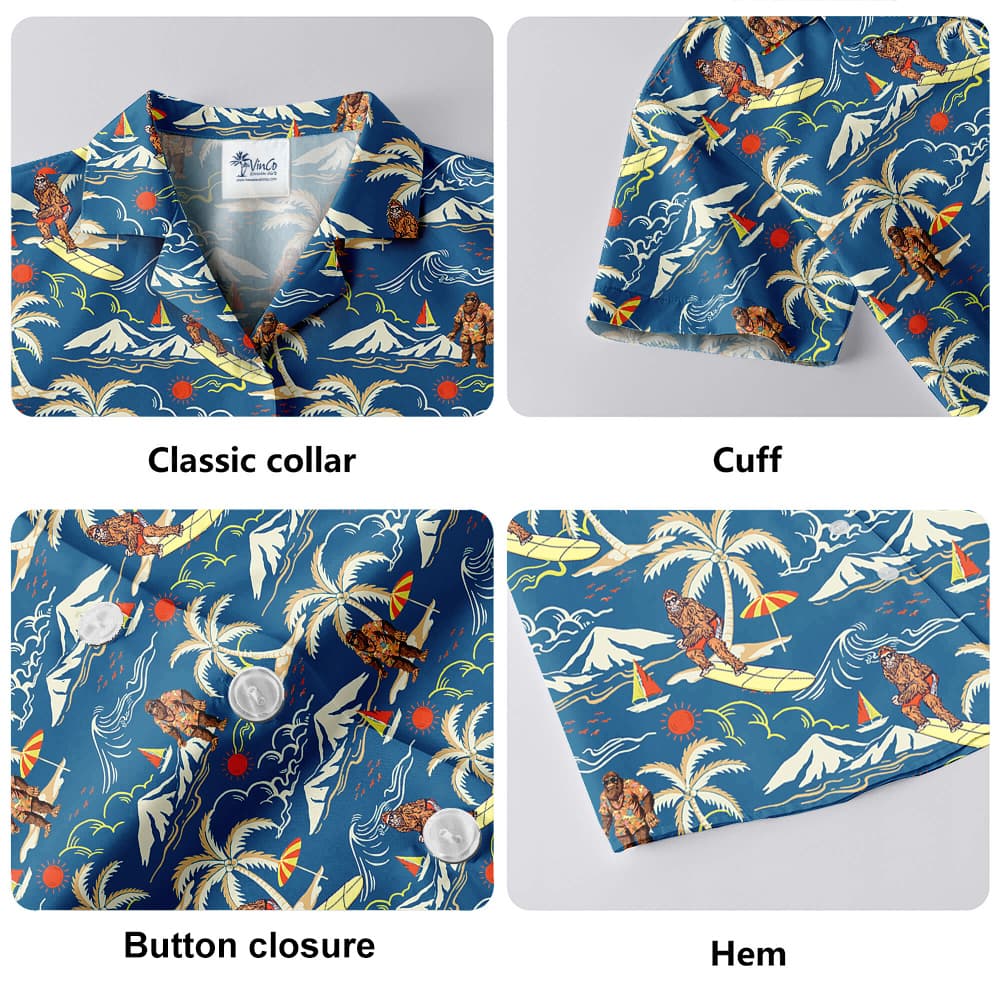 Vintage Bigfoot Surfing Tropical Islands Blue Hawaiian Shirt