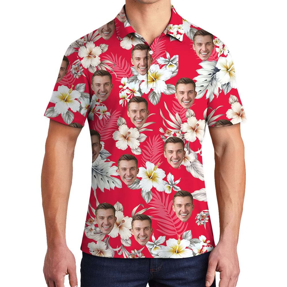 Vintage Custom Face Red Tropical Men's Hawaiian Polos1