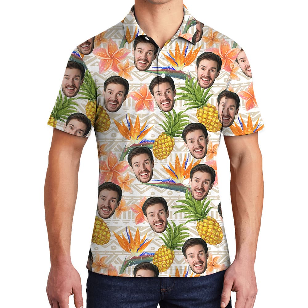 Vintage Floral Pineapple Hawaiian Polo Shirt With Custom Face