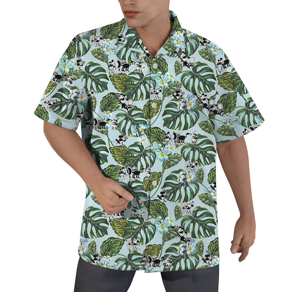Vintage Green Hawaiian Men Shirt Steamboat Willie Mickey1