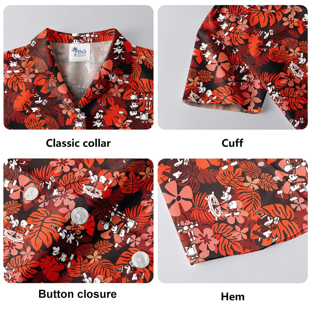 Vintage Hibiscus Mickey Steamboat Willie Hawaiian Button Up Shirt