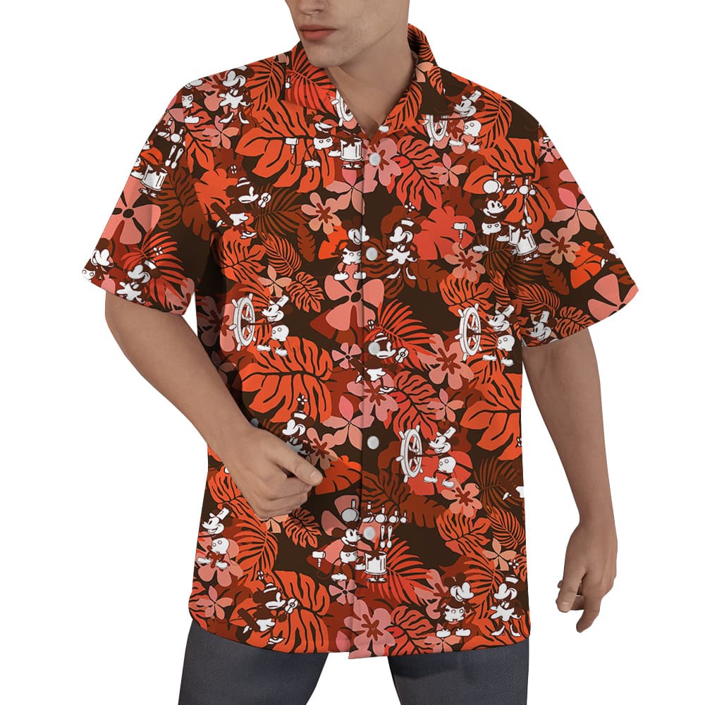 Vintage Hibiscus Mickey Steamboat Willie Hawaiian Button Up Shirt (5)