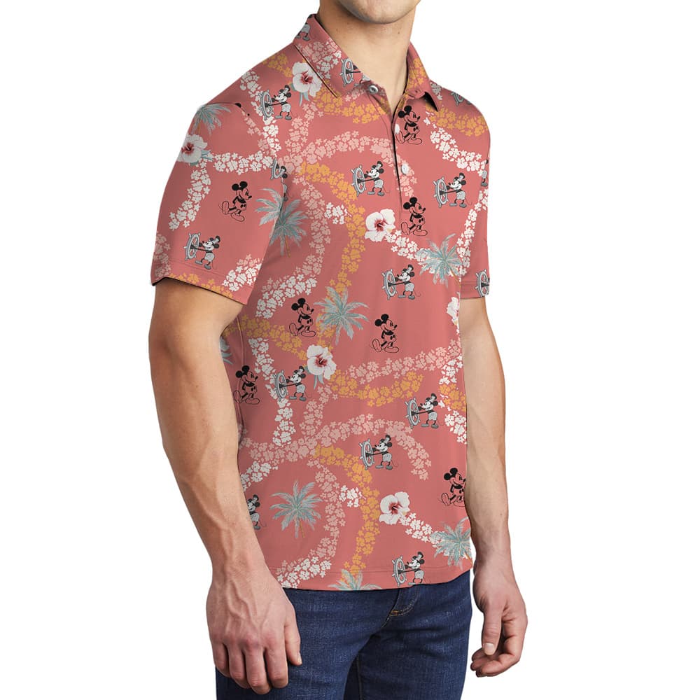 Vintage Hibiscus Steamboat Willie Mickey Hawaiian Polo Shirt
