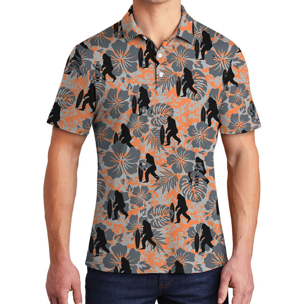 Vintage Hibiscus Surfing Bigfoot Orange Hawaiian Polo Shirt