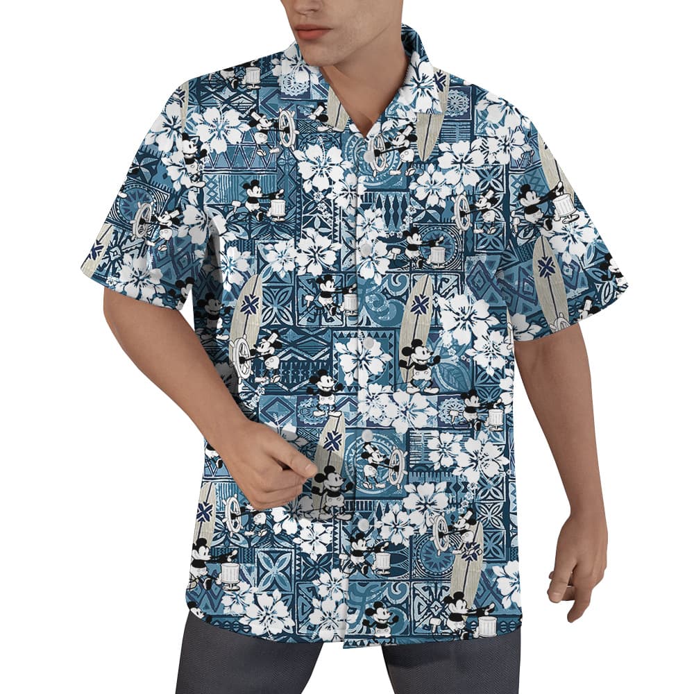 Vintage Mickey Steamboat Willie Hibiscus Blue Aloha Shirt (1)