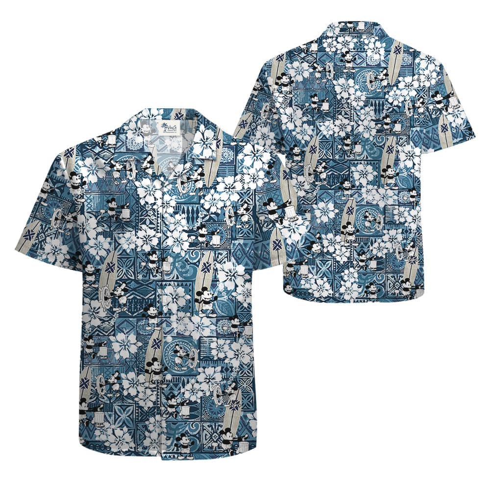 Vintage Mickey Steamboat Willie Hibiscus Blue Aloha Shirt