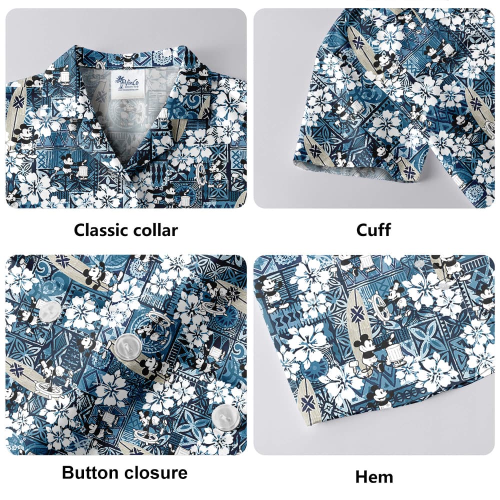 Vintage Mickey Steamboat Willie Hibiscus Blue Aloha Shirt