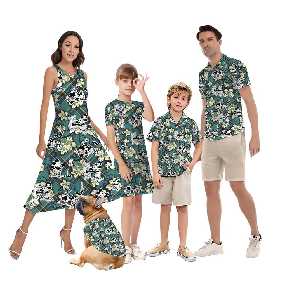 Vintage Steamboat Willie Mickey Hibiscus Green Matching Hawaiian Outfits For Family