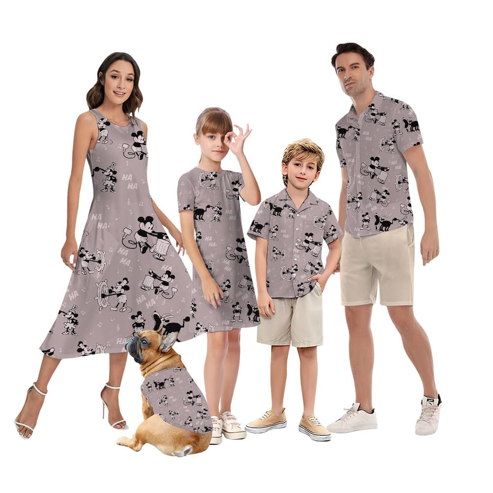 Vintage Steamboat Willie Mickey Matching Pink Hawaiian Outfits For Family