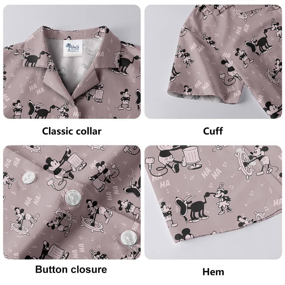 Vintage Steamboat Willie Mickey Pink Hawaiian Button Up Shirt