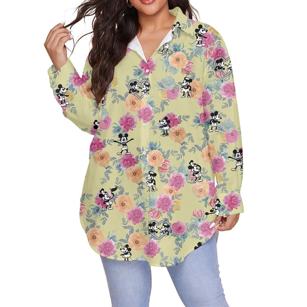 Women's Mickey Mouse Steamboat Willie Plus Size Flower Shirt