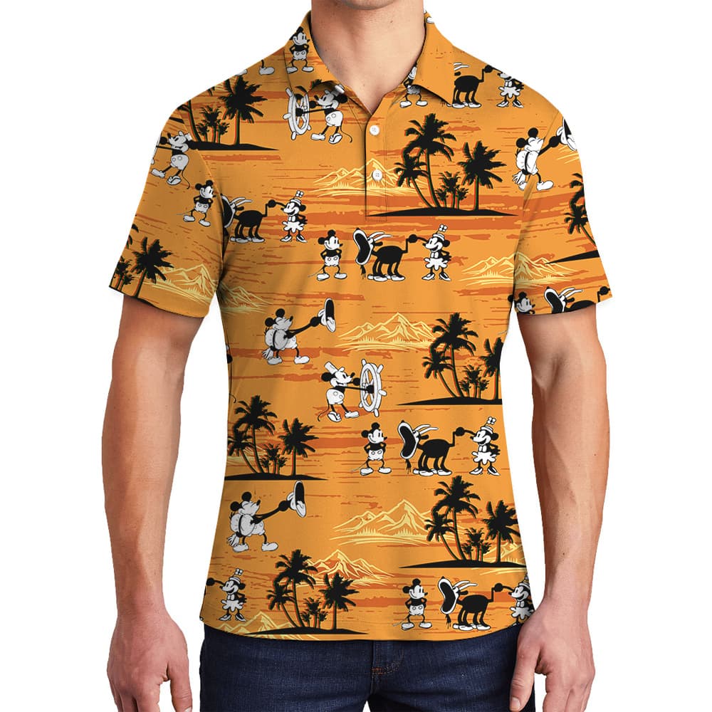 Yellow Palm Tree Steamboat Mickey 1928 Aloha Polo Shirt for Men1