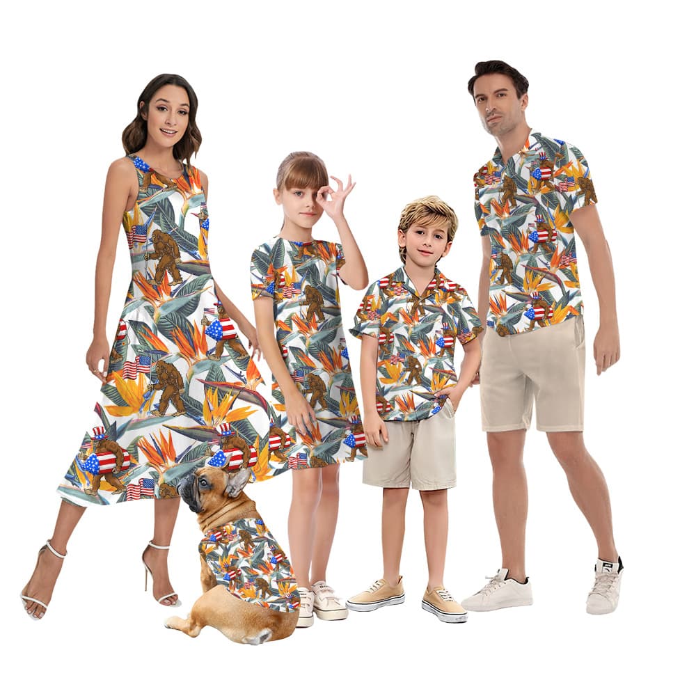 4th Of July Bigfoot Floral Family Matching Hawaiian Outfits
