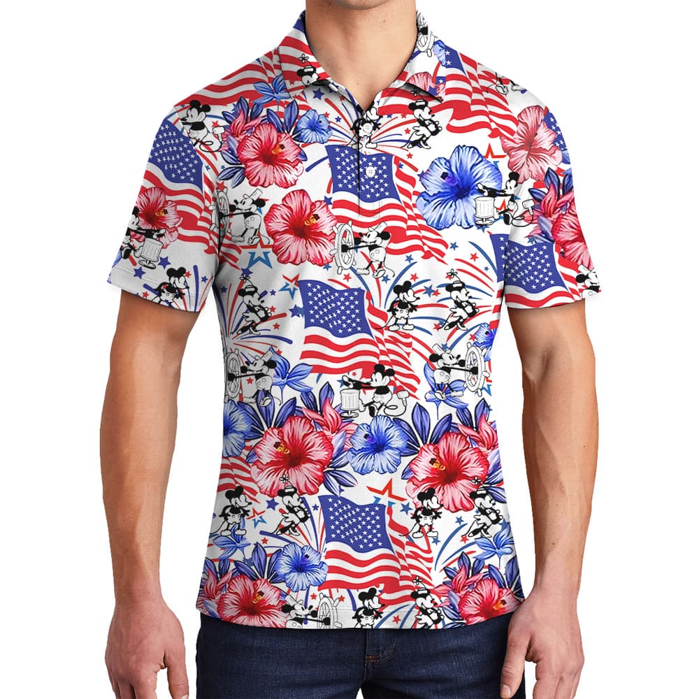 4th Of July Mickey Steamboat Willie American Flag Men's Hawaiian Polo Shirt