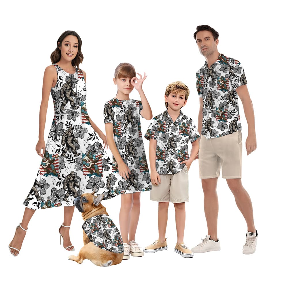 American Flag Bigfoot Floral Matching Family Hawaiian Outfits