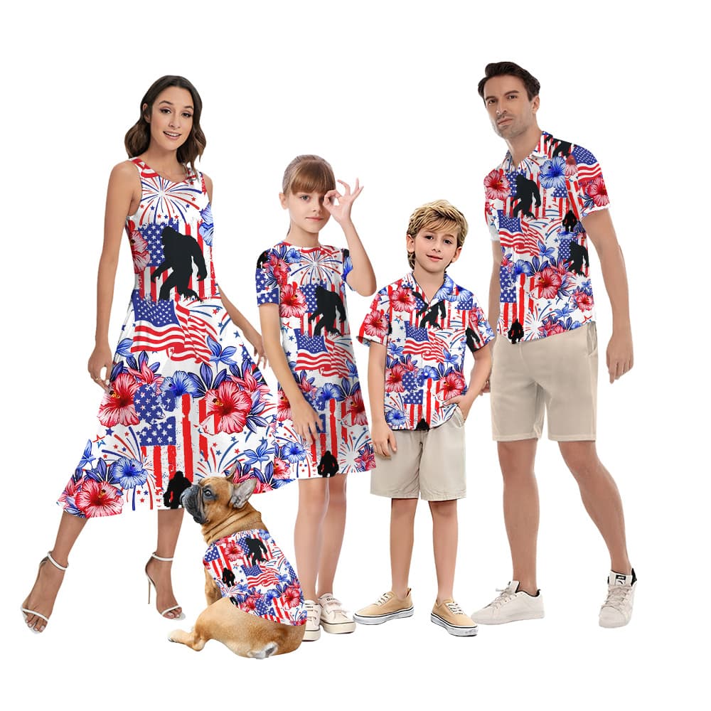 American Flag Bigfoot Hibiscus 4th Of July Matching Family Hawaiian Outfits