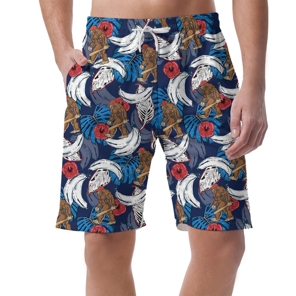 Baseball Bigfoot Blue Tropical Banana Hawaiian Beach Shorts For Men