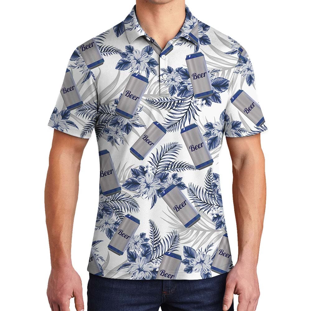 Canned Beer Hawaiian Tropical Flower Polo Men